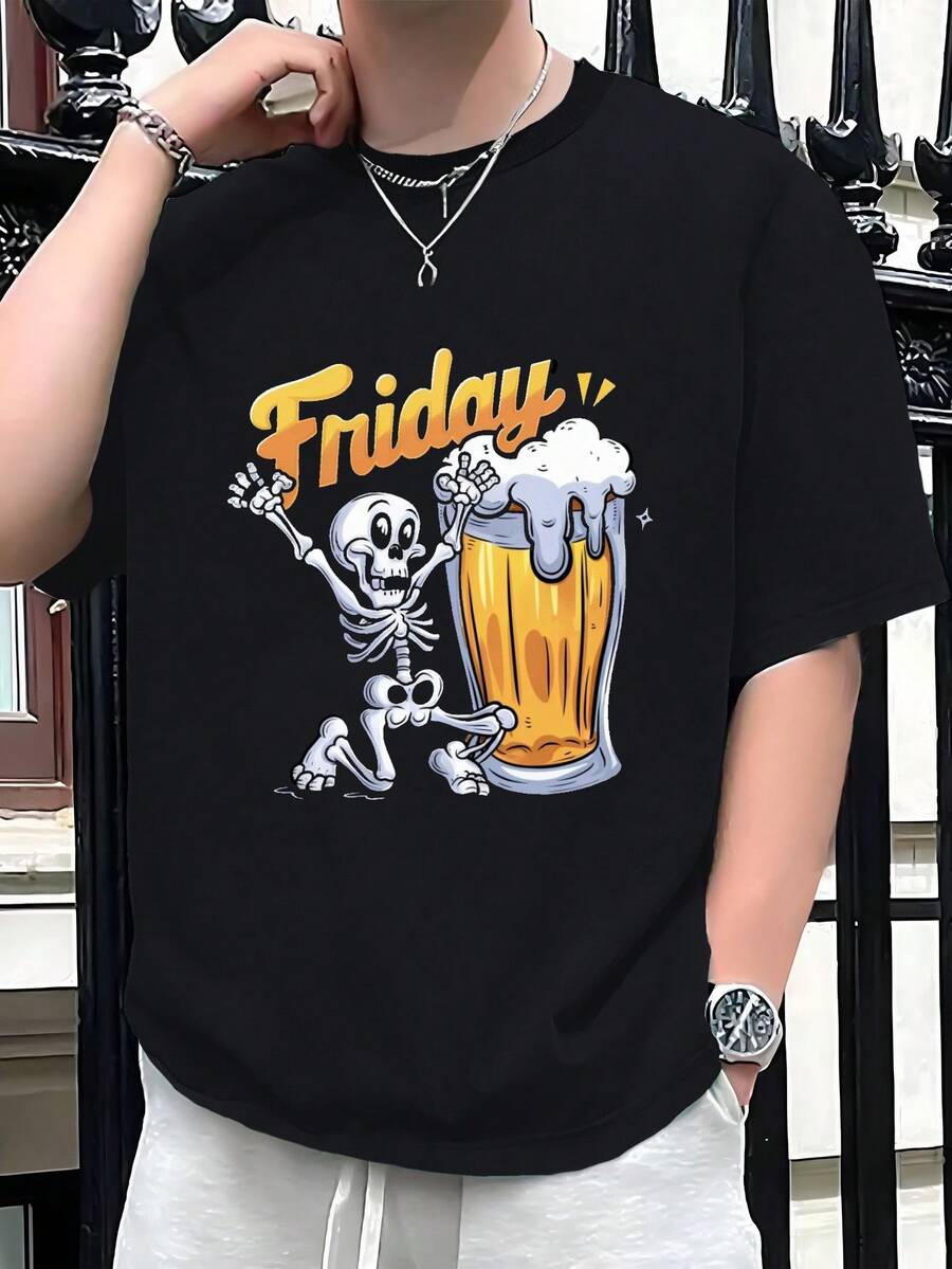 Skeleton Beer FRIDAY 180g Pure Cotton Men's Tshirt Comfort Fit - 黑色 - 查看 1