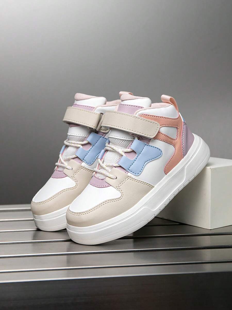 1 para dziecięcych trampek za kostkę, skóra PU, buty do biegania na co dzień, do użytku wewnątrz i na zewnątrz, łatwe w noszeniu, lekkie, antypoślizgowe, oddychające, wygodne, w modnym, patchworkowym kolorze, unisex - Słodki róż - Zobacz 1