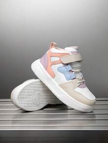 1 para dziecięcych trampek za kostkę, skóra PU, buty do biegania na co dzień, do użytku wewnątrz i na zewnątrz, łatwe w noszeniu, lekkie, antypoślizgowe, oddychające, wygodne, w modnym, patchworkowym kolorze, unisex - Słodki róż - Zobacz 3