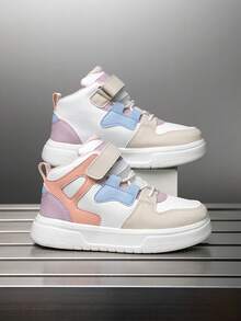 1 para dziecięcych trampek za kostkę, skóra PU, buty do biegania na co dzień, do użytku wewnątrz i na zewnątrz, łatwe w noszeniu, lekkie, antypoślizgowe, oddychające, wygodne, w modnym, patchworkowym kolorze, unisex - Słodki róż - Zobacz 5