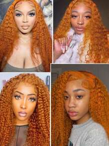 Ginger Deep Wave Wig Human Hair 13x6 Lace Front Wigs Human Hair Ginger HD Lace Frontal Wig 13x6 Curly Human Hair Wig Ginger Curly Lace Front Wig Human Hair Pre Plucked 180 Density 20-34 Inch - Ginger & Orange - View 6