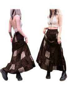 Women Long Patchwork Skirt, Adults Vintage Elegant Flower Print Pleated Skirt Brown - Marrón - Ver 8