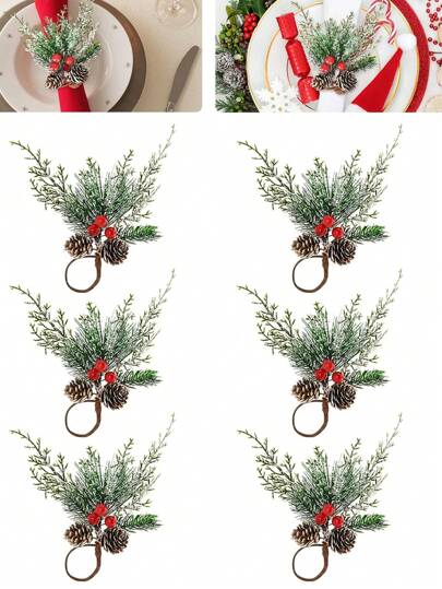 1-6 peças de anéis de guardanapo de pinho e pinha de floco de neve de Natal, adequados para decoração de casa de Natal
