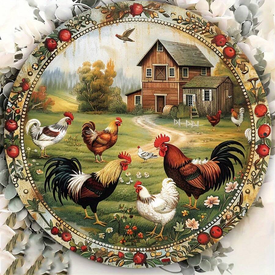 Vintage Hühner Metallschild - 8x8 Zoll rundes Eisenwandbild für Küche, Café rustikale Bauernhaus Dekoration mit humorvollen Tiermotiven, strapazierfähig & wasserfest für Innen- und Außenbereich