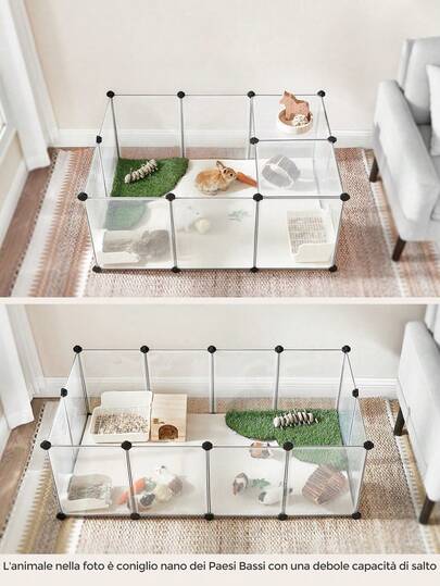 SONGMICS Recinto per Animali con Fondo, Recinzione per Animali di Piccola Taglia, Gabbia in Plastica da Interno per Criceti Conigli Ricci Porcellini d'India, 125 x 63 x 42 cm, Bianco/Grigio