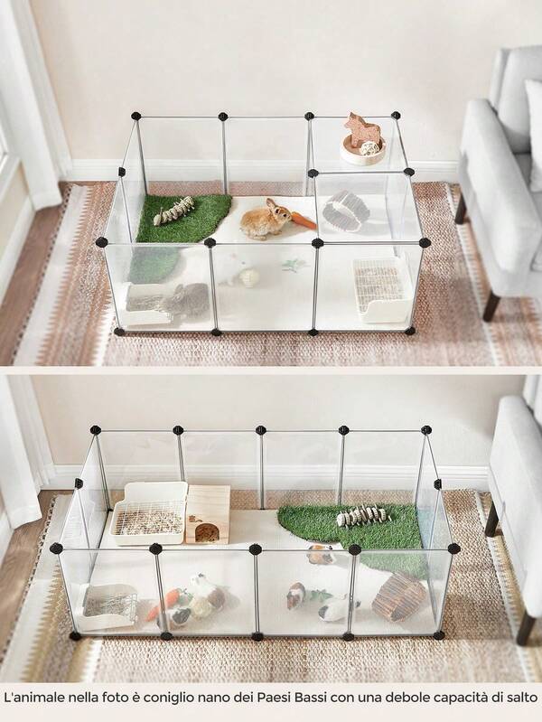SONGMICS Recinto per Animali con Fondo, Recinzione per Animali di Piccola Taglia, Gabbia in Plastica da Interno per Criceti Conigli Ricci Porcellini d'India, 125 x 63 x 42 cm, Bianco/Grigio