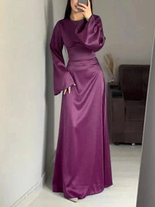 Women Elegant Solid Color Bell Sleeve Modest Long Sleeve Dress