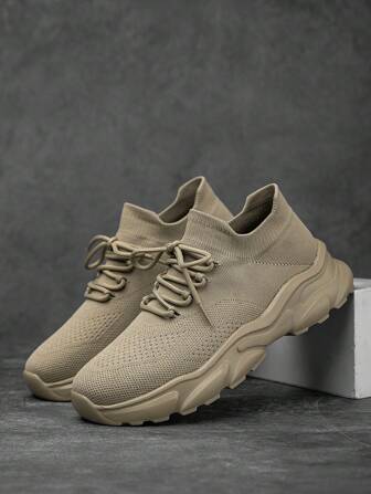 男士简约纯色针织网眼系带卡其色运动鞋，舒适男女通用休闲赤脚袜鞋