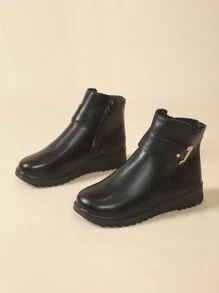 女士保暖内衬踝靴，休闲运动鞋，防滑平底跟短靴，妈妈鞋，黑色，秋冬，搭配开衫 - 黑色 - 查看 7