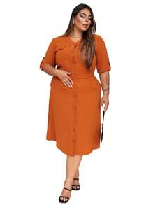 Women's Plus Size Chemise Dress Plain, Striped, Leopard, Plaid Short Sleeve With Belt Olivia - Lạc đà - Xem 1