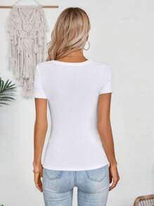 Women's Summer Scoop Neck Short Sleeve T-Shirts Ribbed Knit Slim Fitted Casual Basic Top - 白色 - 查看 2