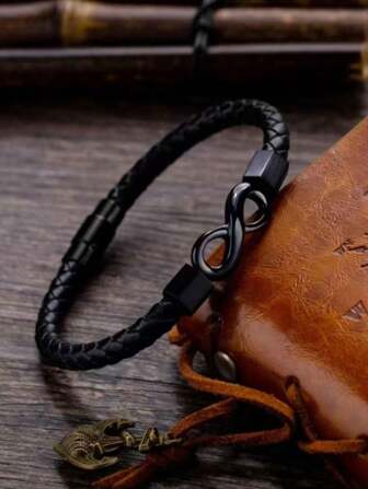 European Style Men's Fashion Simple Infinity Leather Black/Silver Bracelet, Luxurious Personalized Vintage Jewelry, Christmas, New Year, Valentine's Day Holiday Gift