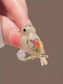 1pc Sparkling Crystal Decorated Magpie Bird Shape Brooch Pin, Apparel Collar Decor