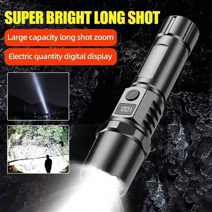 1 件 3 种模式伸缩变焦超亮 LED 手电筒 ABS 防腐蚀多功能防水手电筒带电量显示适用于露营徒步钓鱼应急 - 黑色 - 查看 1