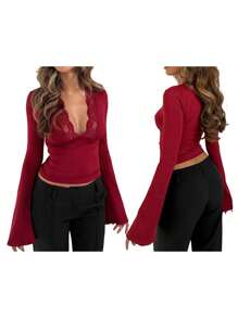 Women's Fall Tops Slim Lace Trim Deep V Neck Bell Sleeve Crop Shirt Casual Streetwear - 紅色 - 查看 10