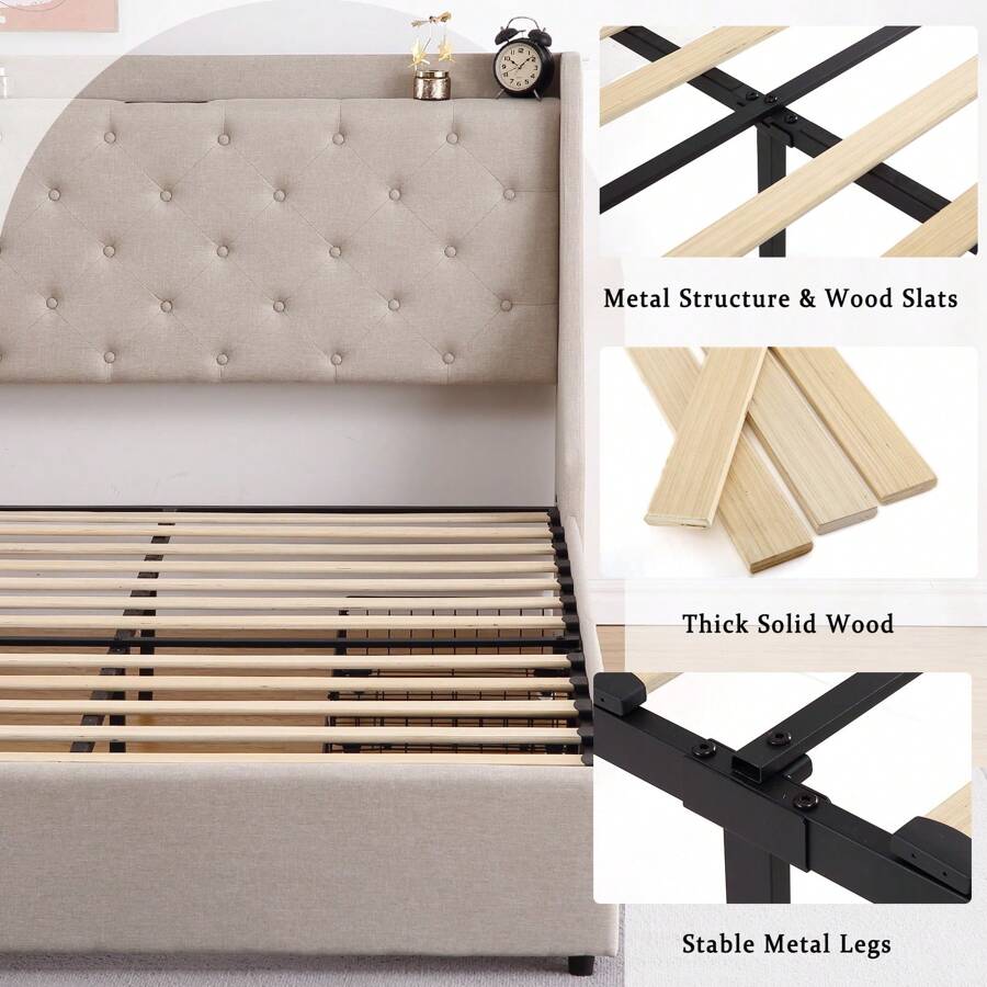 Full Size Bed Frame With TypeC & USB Port, Full Platform Bed Frame