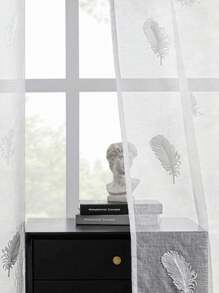 1pc White Feather Curtain With Top Ring Design, Semi-Transparent Sheer Curtain With Feather Embroidery Punch-Hole, Suitable For Bedroom, Living Room/Balcony, Countryside, Ranch Gifts Birthday Graduation