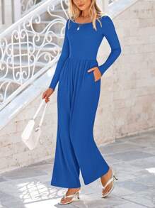 Spring Women's Romper Large Round Neck Casual Long Sleeved Wide Leg Pants Out Romper - 藍色 - 查看 1