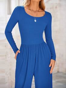 Spring Women's Romper Large Round Neck Casual Long Sleeved Wide Leg Pants Out Romper - 藍色 - 查看 2