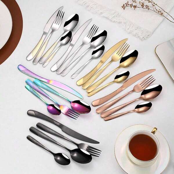 Set de 4 piezas Cuchillos y tenedores de acero inoxidable chapados en oro rosa para postre, frutas y bistec, cubertería universal para uso hotelero y doméstico