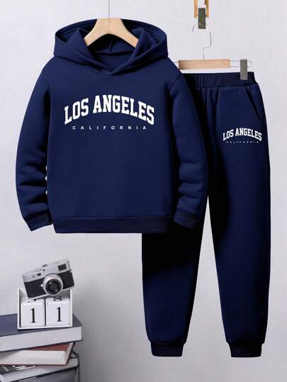 Tween Boys' Hooded Letter Print Fleece Sweatshirt And Trousers Set, Two Pieces