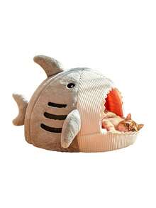 1 chiếc giường hang cho mèo hình cá mập có đệm dày, mềm mại và ấm áp, đáy chống trượt cho mèo trong nhà, gối mềm có thể tháo rời và giặt được, lều cho mèo, túi ngủ cho mèo, giường cho chó nhỏ - Xám - Xem 6