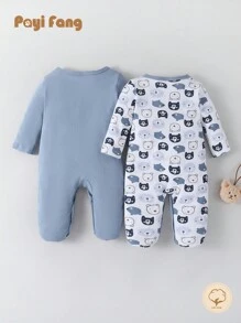 2pcs/Set Cute Baby Boy Bear Print Snap Button Footed Jumpsuit - White - View 3