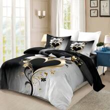 3 件套柔软舒适的心形花朵图案印花羽绒被套装（1 *羽绒被套 + 2 *枕套，不含芯），柔软、舒适、温馨的床上用品，适用于卧室和客房，非常适合家庭和宿舍装饰，防过敏，易于护理，适合所有季节