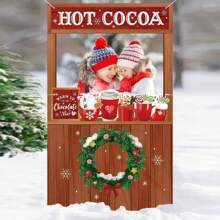 Vansolinne Hot Cocoa Stand Christmas Photo Props Winter Hot Chocolate Shop Decorations Big Head Cutout Fabric Selfie Frame For Christmas Holiday Birthday Party Supplies Photo Booth Frame