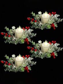 1 件带烛台的植绒人造圣诞花环 - 聚丙烯纤维季节性桌面装饰，非电动圣诞蜡烛花环中心装饰，适合节日家居装饰 - 彩色 - 查看 2