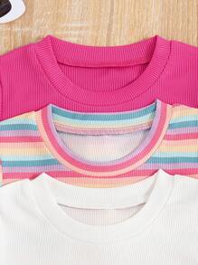Set de 3 piezas con parte superior de manga corta acanalada con estampado floral + Bottom de manga corta a rayas de colores para niña informal - Rosa Fucsia - Ver 8
