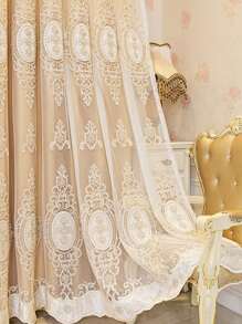 1pc Flower Embroidery Curtain, Modernist Polyester Faux Pearl Decor Blackout Curtain For Bedroom
