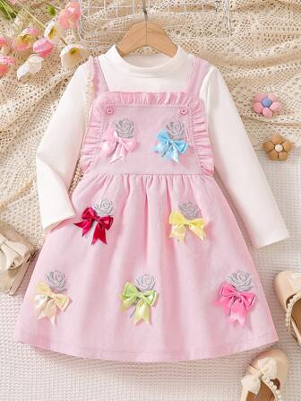 2st/set Ung tjej Mode Casual Enfärgad långärmad topp + volanger rosett Broderi Hängselkjol