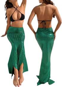 Female Long Skirt, Fish Scale Print High Waist Package Hip Skirt Close-Fitting Dress for Summer Autumn, Green - Como se muestra en la figura - Ver 4