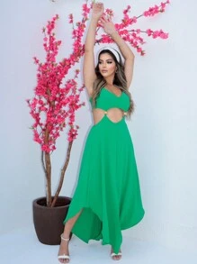 Women's Dress With Front Slit, Neckline On The Bust, Thin Straps - màu xanh lá - Xem 1