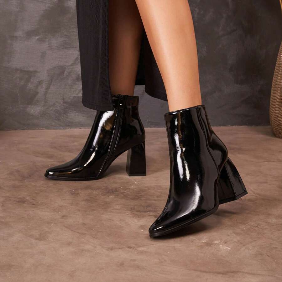 Black Patent Leather Square Heel Ankle Boots – Elegance And Modernity For Women - Black - View 1