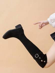 Giày bốt nữ đế thấp mũi tròn cao đến đầu gối, chất liệu da lộn giả màu đen, phù hợp với phong cách thường ngày, có khóa trang trí - màu đen - Xem 7