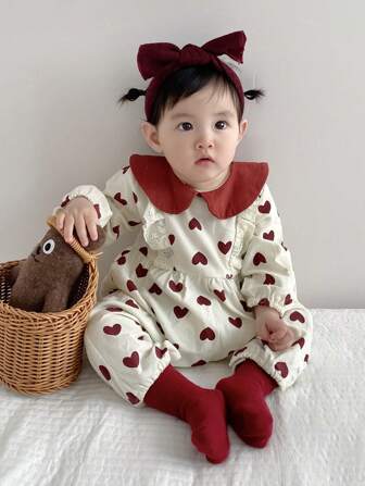 Autumn/Winter Baby Heart Print Ruffle Collar Jumpsuit, Cute & Lovely One-Piece Romper