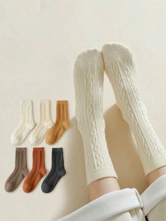 5双日式麻花针织女士中筒袜，舒适透气纯色百搭及膝袜，颜色随机发货