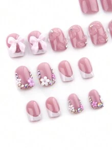 Sanrio Instantly Upgrade Your Look With 24pcs Short Square White French Style Sweet 3D Pink Floral Petal&3D Bow-Knot Laser Glitter Glamnetic Rhinestone Nail Charms Homemade Full Cover Fake Press On Nail Kit Suitable For Daily Spring Will Give Your Look A Romantic Glamnetic - Baby Pink - View 5