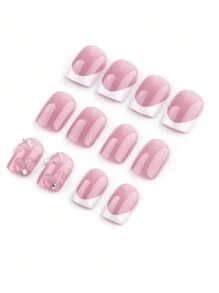 Sanrio Instantly Upgrade Your Look With 24pcs Short Square White French Style Sweet 3D Pink Floral Petal&3D Bow-Knot Laser Glitter Glamnetic Rhinestone Nail Charms Homemade Full Cover Fake Press On Nail Kit Suitable For Daily Spring Will Give Your Look A Romantic Glamnetic - Baby Pink - View 6
