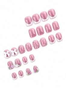 Sanrio Instantly Upgrade Your Look With 24pcs Short Square White French Style Sweet 3D Pink Floral Petal&3D Bow-Knot Laser Glitter Glamnetic Rhinestone Nail Charms Homemade Full Cover Fake Press On Nail Kit Suitable For Daily Spring Will Give Your Look A Romantic Glamnetic - Baby Pink - View 4