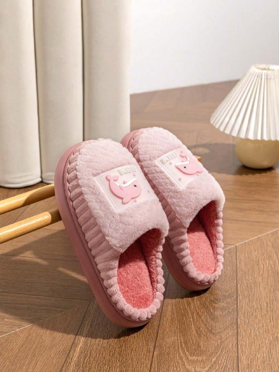 女士可爱卡通拖鞋，温暖舒适，柔软橡胶防滑鞋底，轻便耐用，适合冬季 - 粉色 - 查看 1