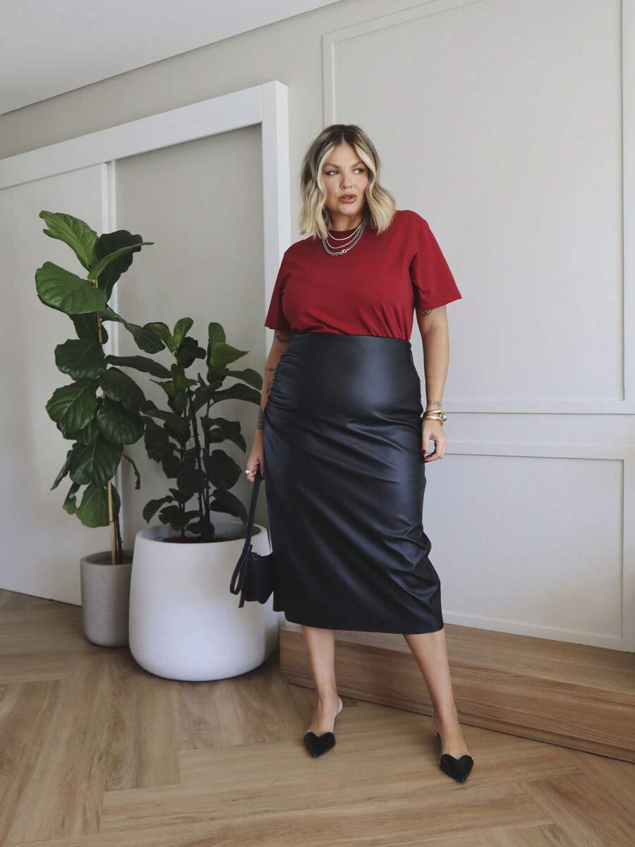 Anita Faux Leather Midi Skirt - màu đen - Xem 1