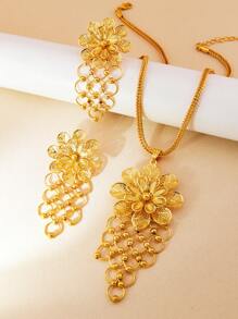 3 件套华丽金花耳环项链吊坠套装迪拜女士新娘配饰情人节、妈妈、母亲、母亲节、礼物 - 金黃色 - 查看 3