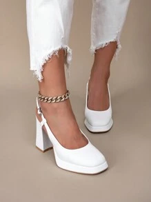 أحذية ماري جين ذات كعب سميك مع منصة، من الجلد الأبيض مع حزام وإبزيم، للنساء في فصلي الربيع والخريف، مناسبة للملابس الرسمية في الأعراس - أبيض - مشاهدة 6