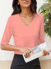 Women's V Neck T Shirts Basic Summer Tees Casual Half Sleeve Tops - 珊瑚粉 - 查看 1