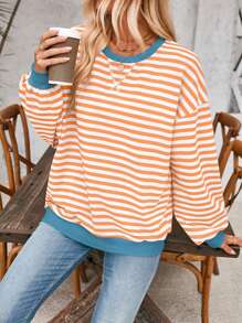 Oversized Casual Striped Fall And Winter Loose  Sweatshirt Women's Sports Tops