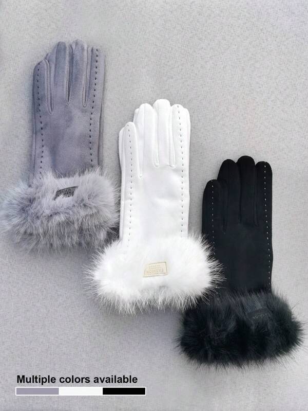 1 par de guantes elegantes y casuales de dama, de unicolor con pantalla táctil, de dedo corto y completo, de fibra de poliéster con borde con flecos, adecuados para salidas, citas, vacaciones, escuela, fiestas, uso maduro, otoño/invierno, uso diario