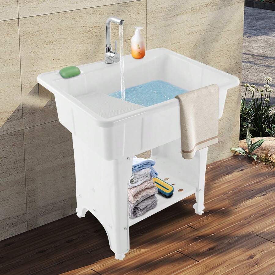 Freestanding Plastic Utility Sink Laundry Tub Kitchen Wash Bowl Basin